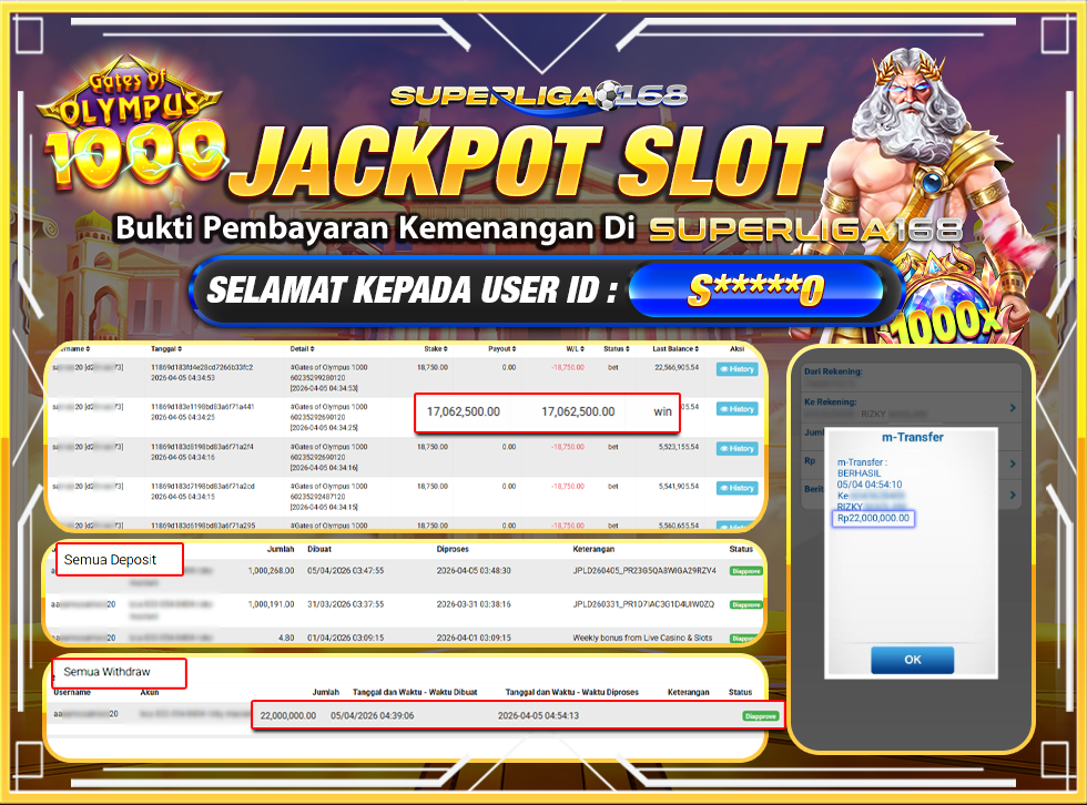 SUPERLIGA168 JACKPOT GATES OF OLYMPUS 1000 Rp.22,000,000,LUNASSSS
